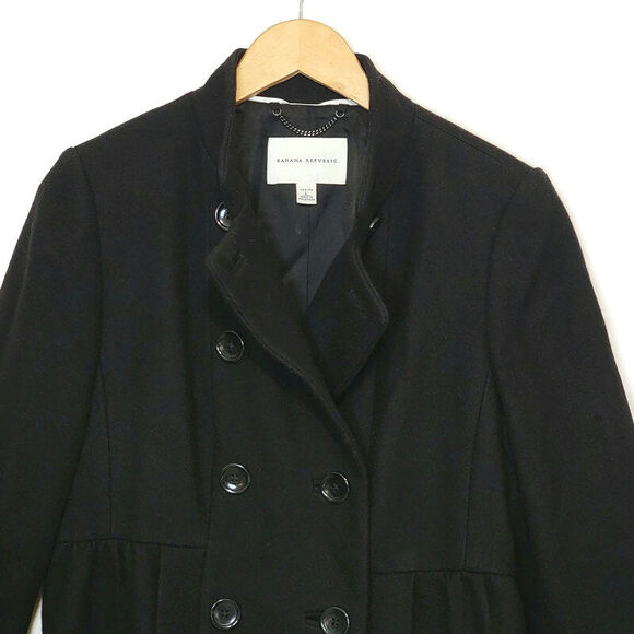 Banana Republic Wool Black Coat Double Breasted Princess Cut Mid Length Size PL - Picture 2 of 16